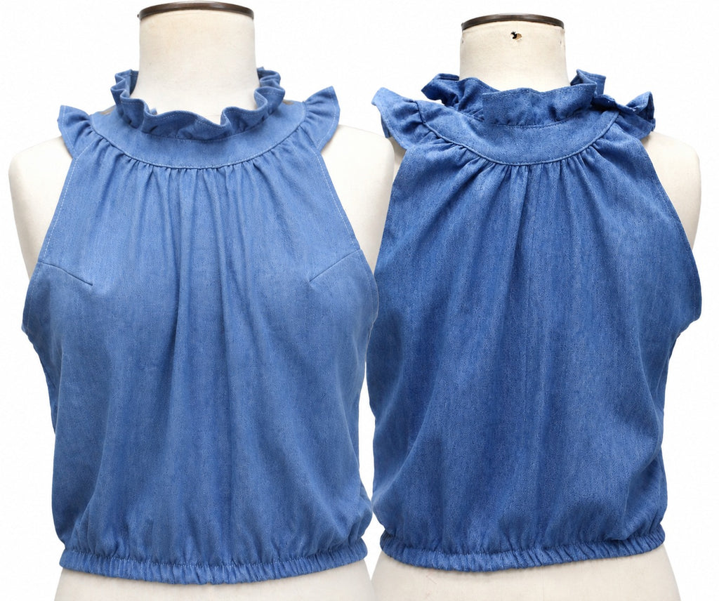 CR2035 UPCYCLED RUFFLE NECK SLEEVELESS BLOUSE