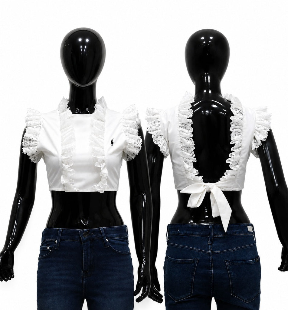 CR2161 UPCYCLED RUFFLE OPEN-BACK TIE CROP TOP