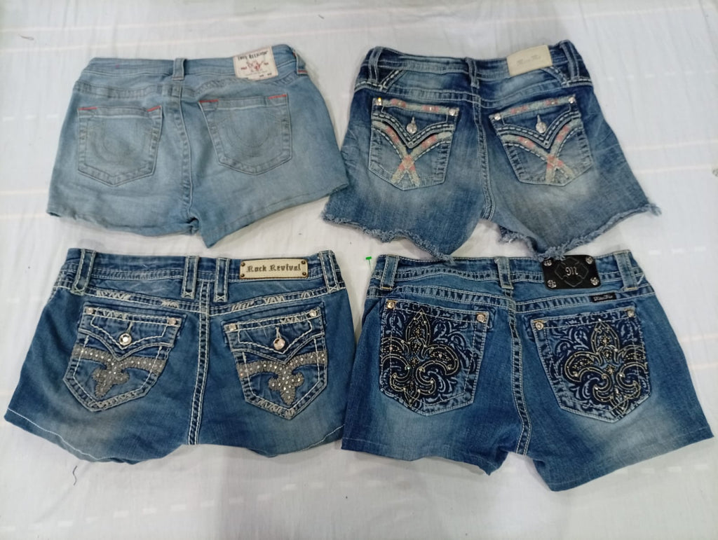 CR10563 Upcycled Mix Branded Mini Denim Shorts