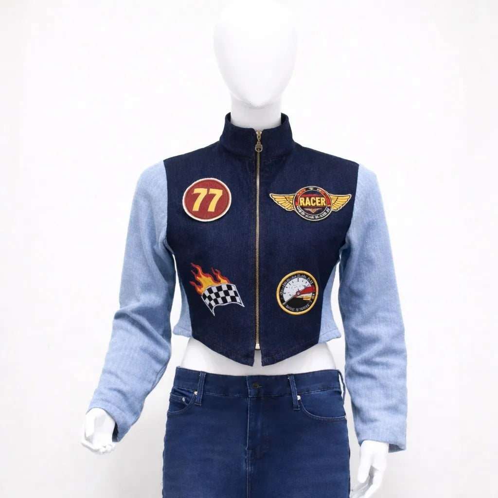 CR1143 Upcycled Racing Patch Crop Jacket
