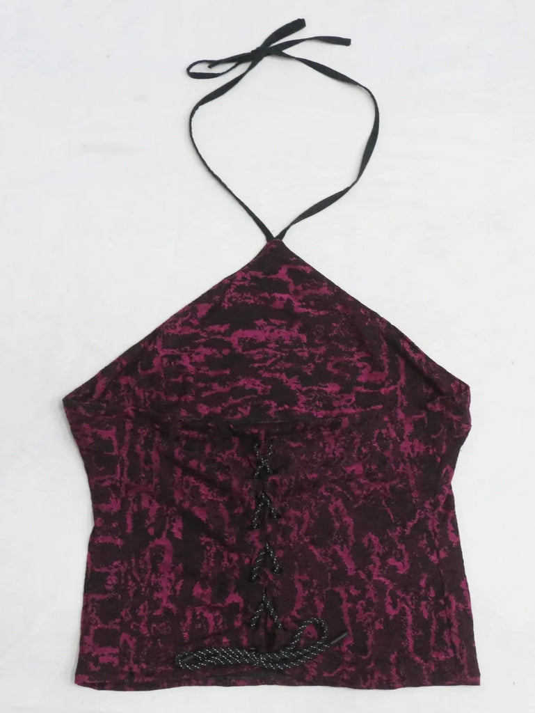 CR13 Upcycled Burgundy Abstract Halter Top – Lace Back Detail