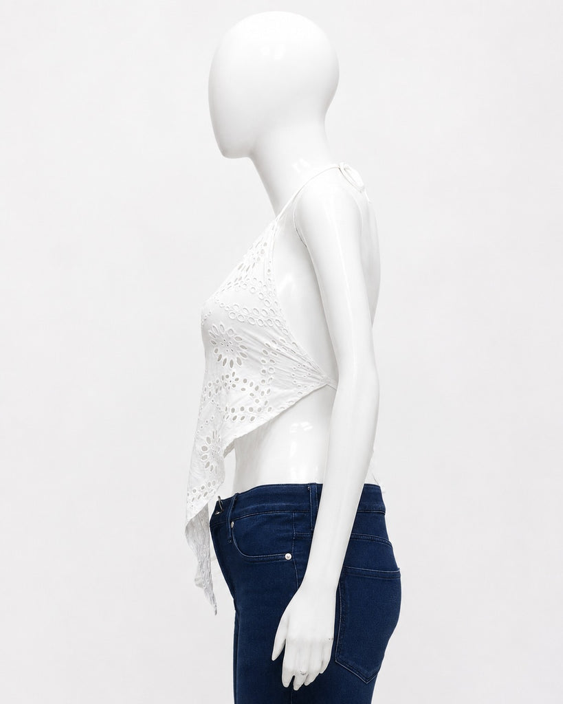 CR1925 UPCYCLED EYELET HALTER HANDKERCHIEF TOP