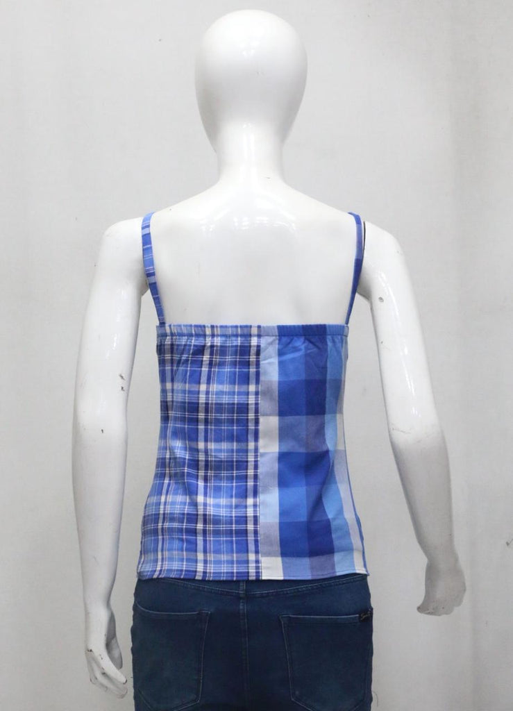 CR2005 UPCYCLED MIXED-PLAID RUFFLE CAMISOLE TOP