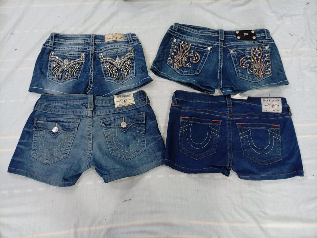 CR10762 Upcycled Miss Me and True Religion Mini Denim Shorts