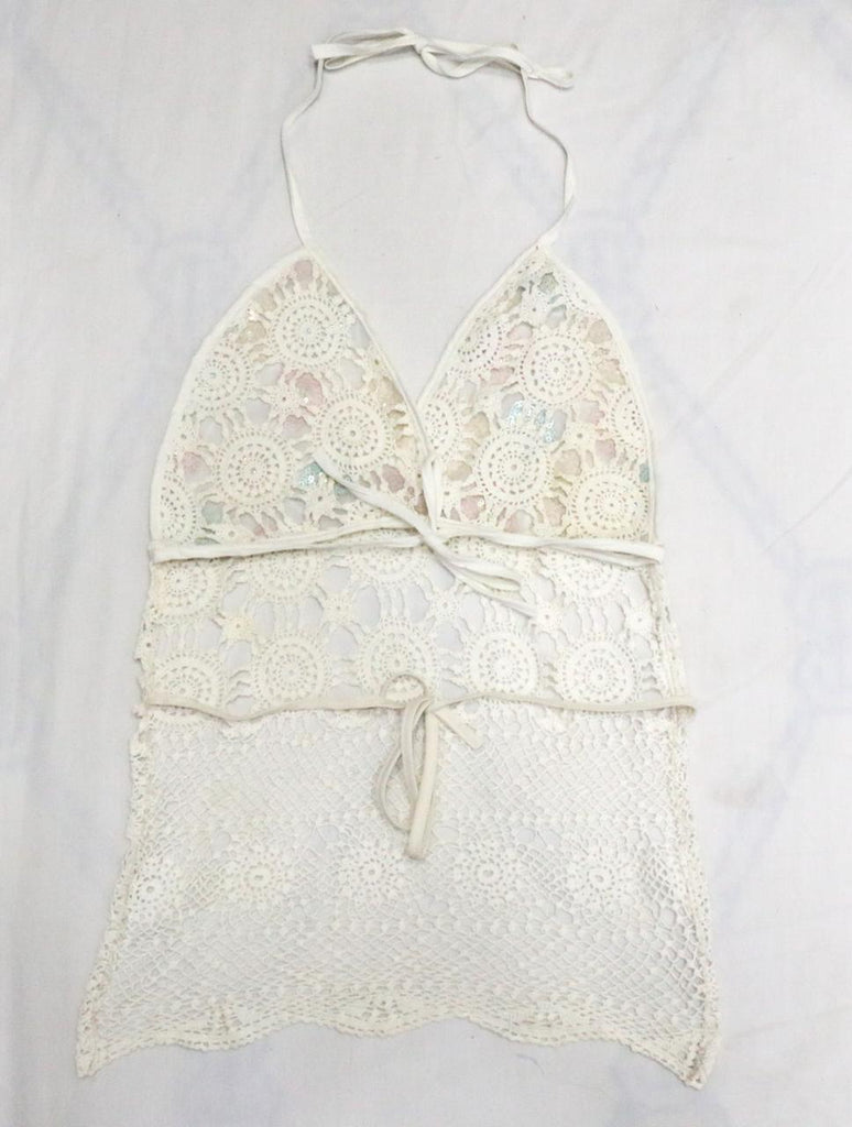 CR1883 UPCYCLED CROCHET LACE HALTER TOP
