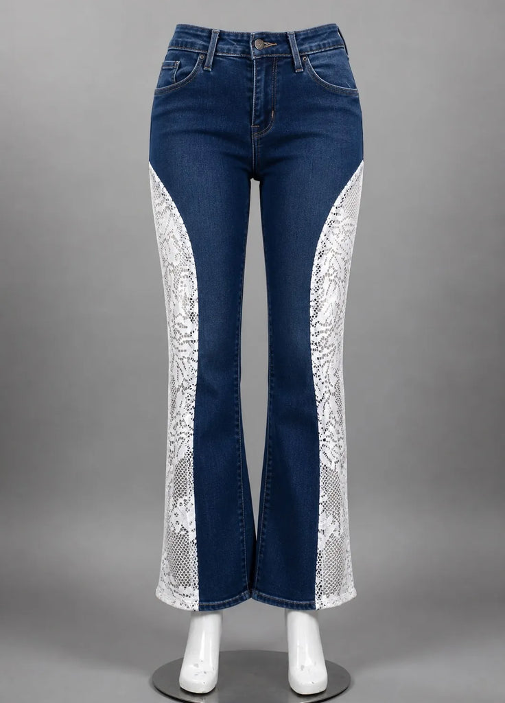 CR1557 Upcycled Lace Panel Flare Jeans