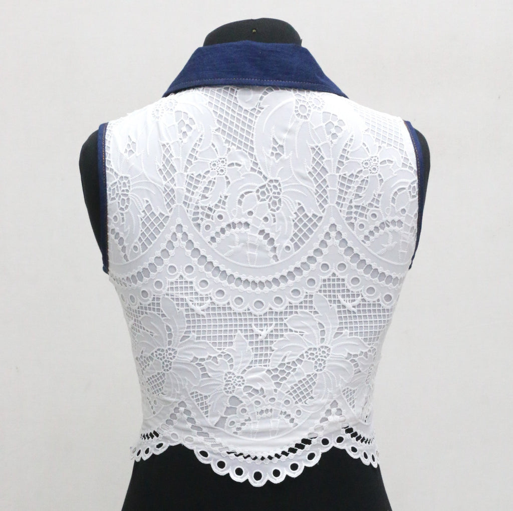 CR2149 UPCYCLED LACE & DENIM COLLAR CROP TOP