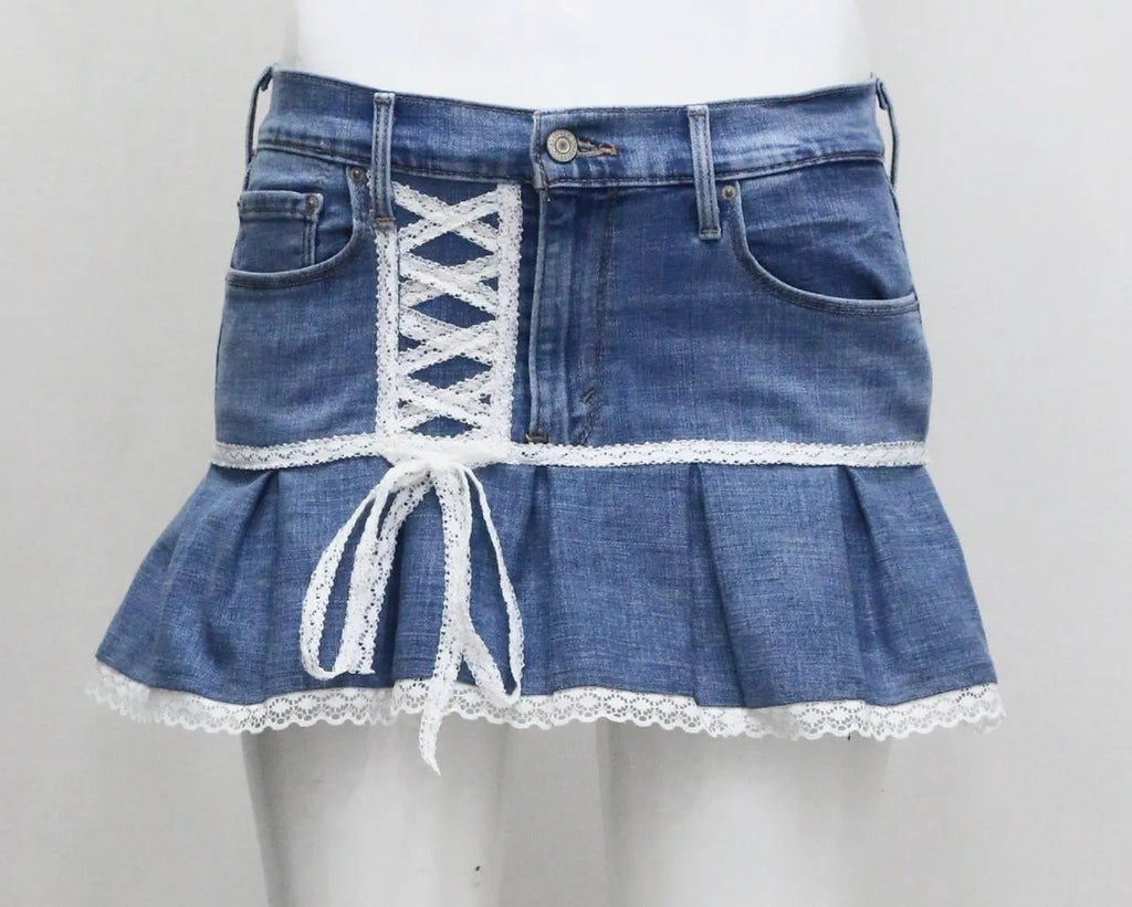 CR1541 Upcycled Denim Lace Mini Skirt