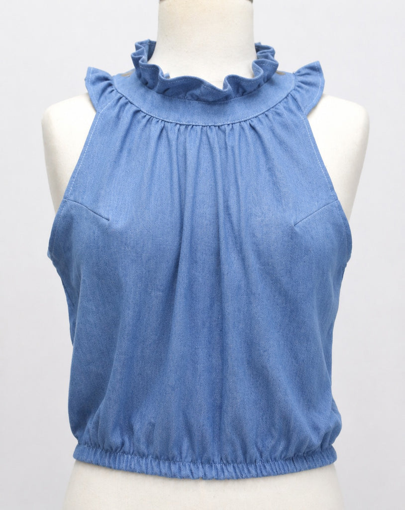 CR2035 UPCYCLED RUFFLE NECK SLEEVELESS BLOUSE