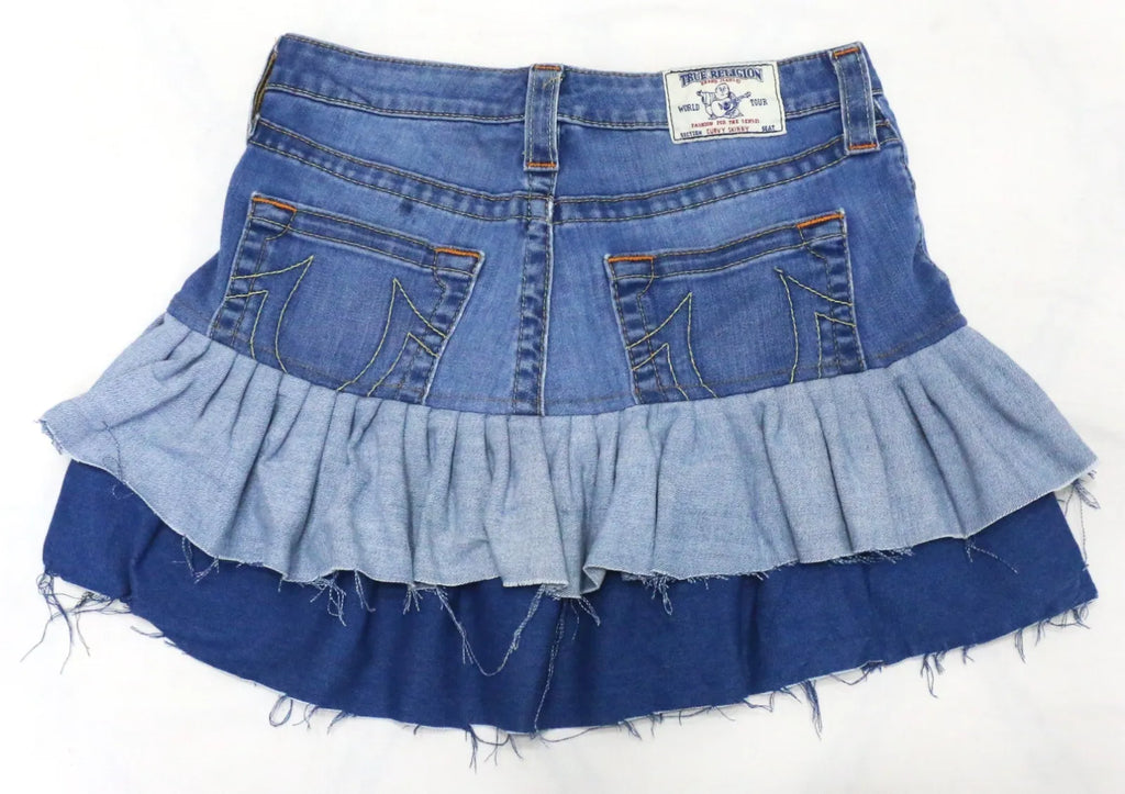 CR1675 UPCYCLED LAYERED RUFFLE DENIM MINI SKIRT