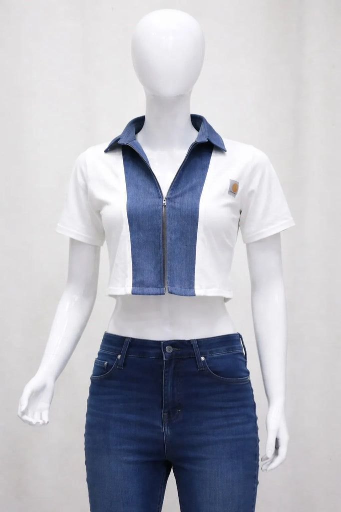 CR1502 Upcycled Denim Panel Crop Top