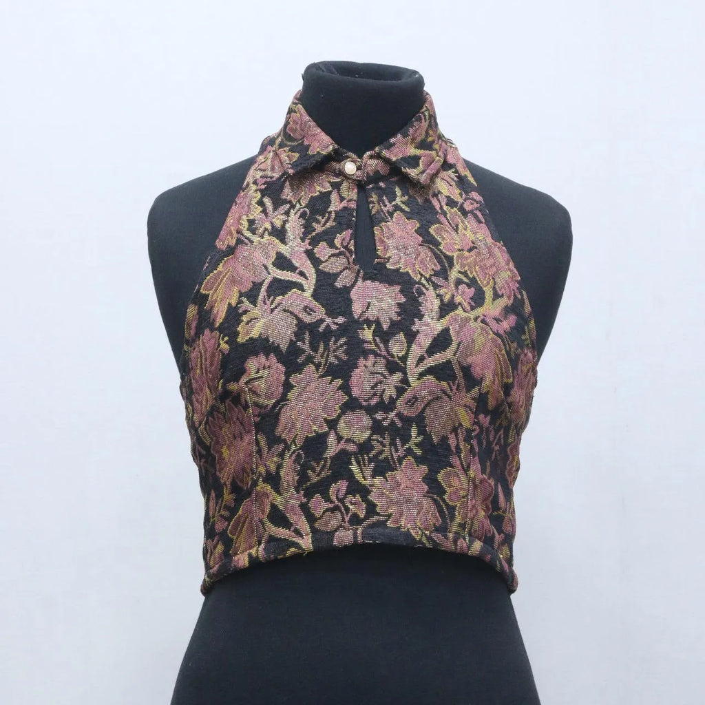 CR1267 Upcycled Y2K Floral Halter Crop Top – Lace Back Corset Style