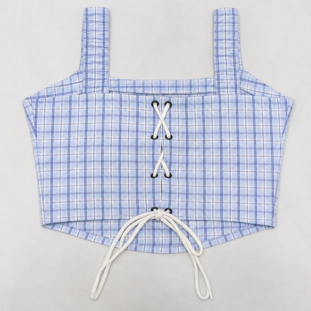 CR1808 UPCYCLED LACE-UP CHECK CORSET TOP