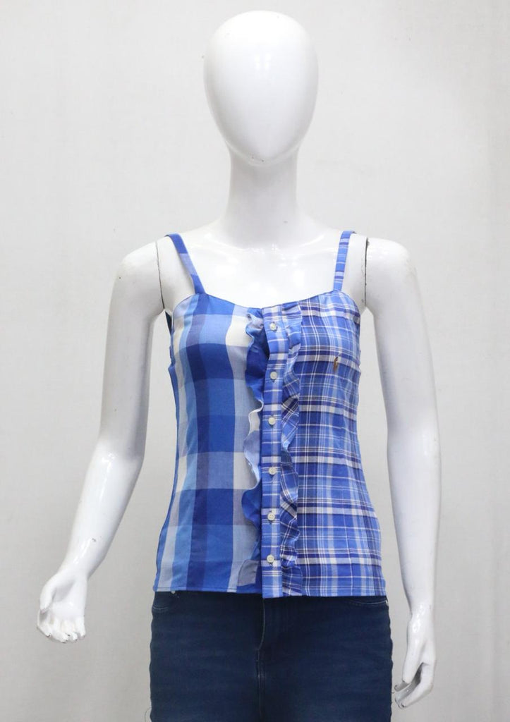 CR2005 UPCYCLED MIXED-PLAID RUFFLE CAMISOLE TOP