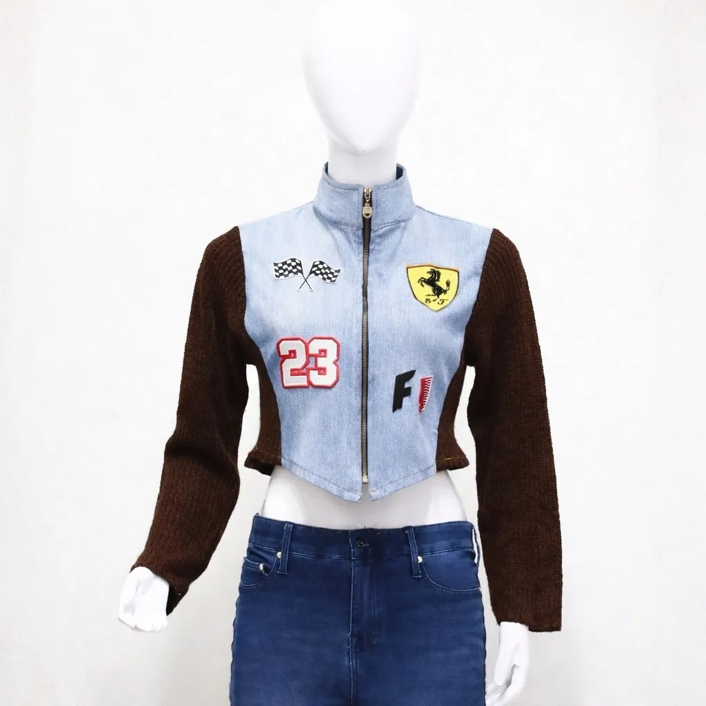 CR1143 Upcycled Racing Patch Crop Jacket