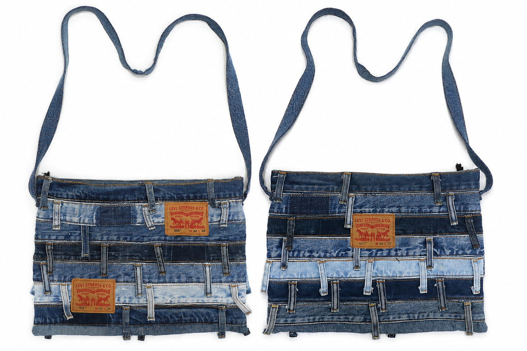 CR2014 UPCYCLED DENIM STRIP CROSSBODY BAG
