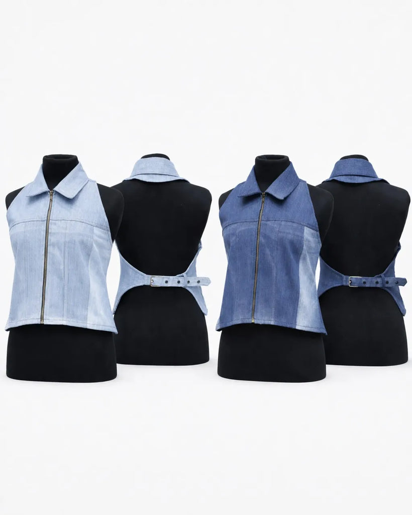 CR1428 Rework Denim Halter Vest Top – Open Back Buckle Style (Vintage Wash Mix)