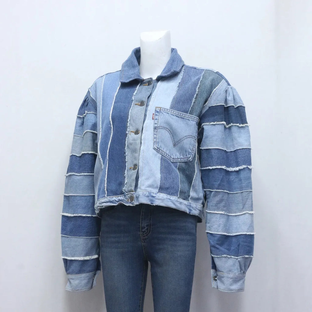 CR704 Upcycled Striped Denim Patchwork Cropped Jacket