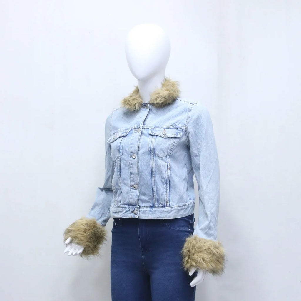 CR970 Upcycled Faux Fur Trim Denim Jacket