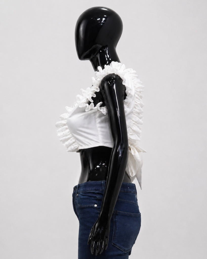 CR2161 UPCYCLED RUFFLE OPEN-BACK TIE CROP TOP