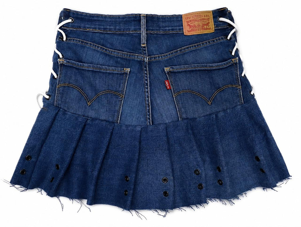 CR1861 UPCYCLED LACE-UP DENIM PLEATED MINI SKIRT