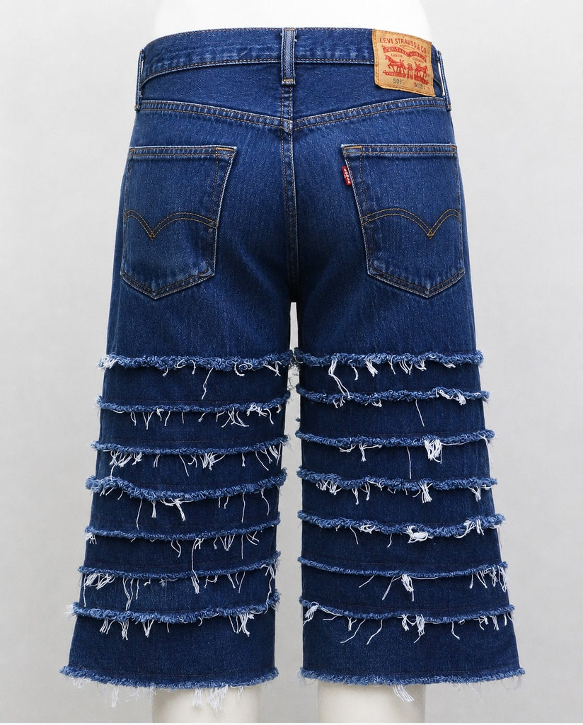 CR2028 UPCYCLED FRAYED PANEL DENIM JORTS