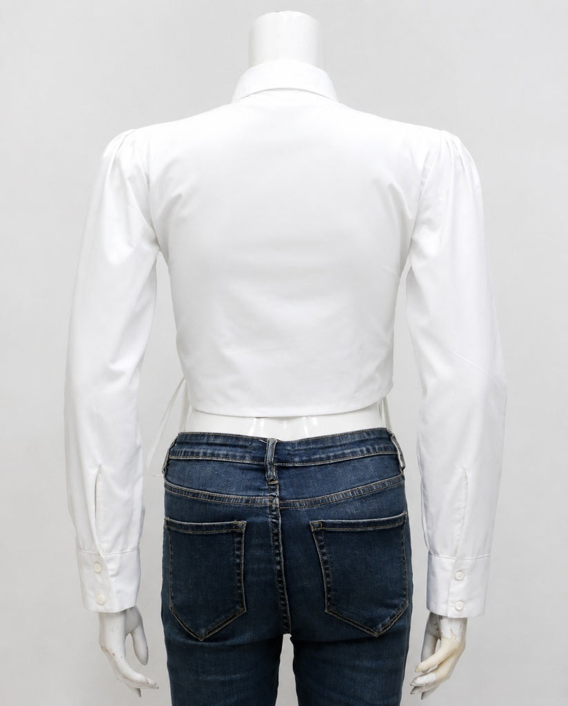 CR2056 UPCYCLED RUCHED SIDE-TIE CROPPED SHIRT
