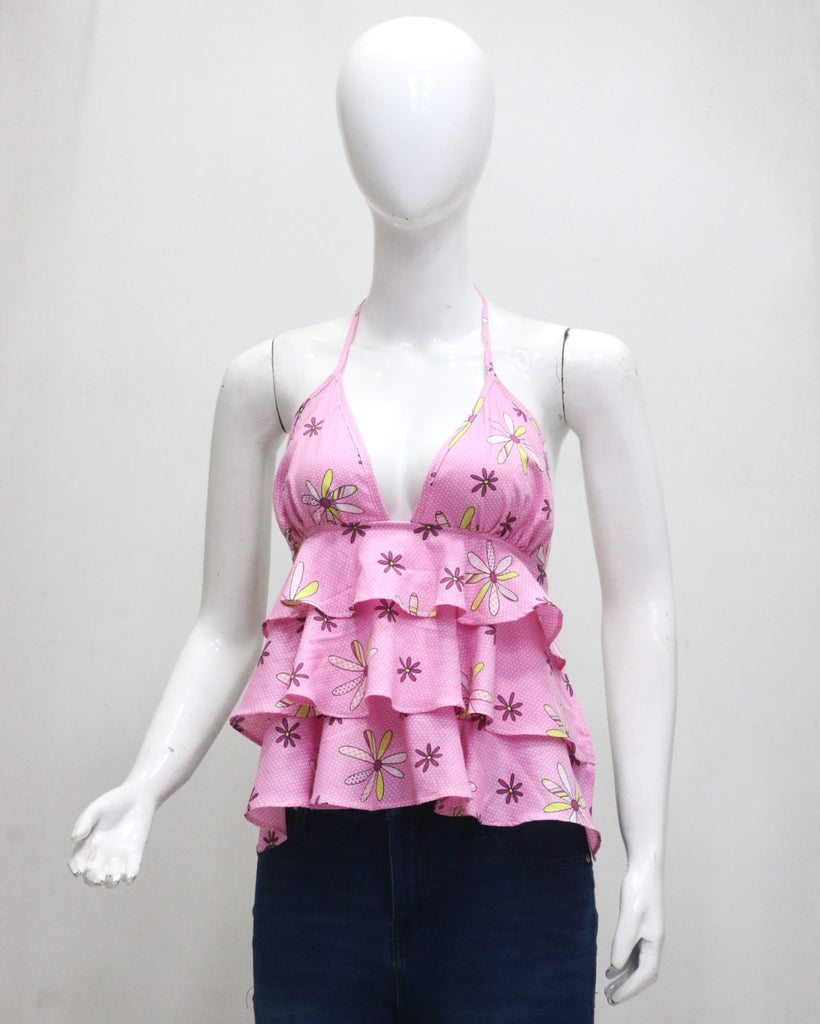 CR1948 UPCYCLED TIERED RUFFLE HALTER TOP