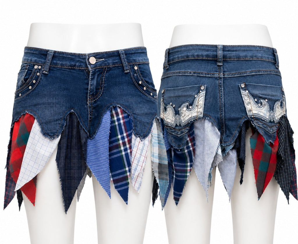CR1993 UPCYCLED PLAID PANEL DENIM MINI SKIRT