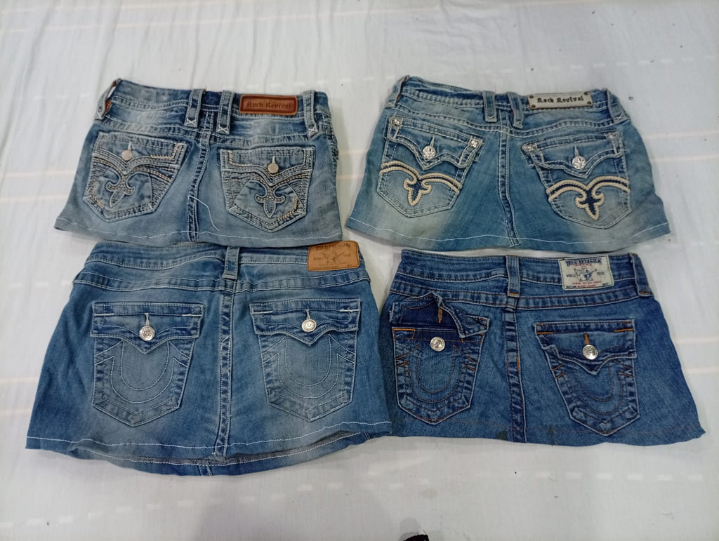 CR10581 Upcycled Rock Revival and True Religion Mini Denim Skirts
