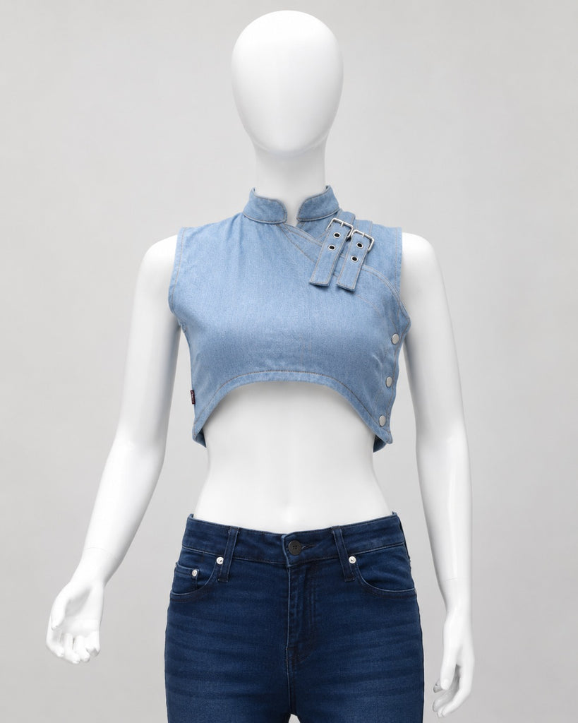 CR1912 UPCYCLED BUCKLE DETAIL DENIM CROP TOP