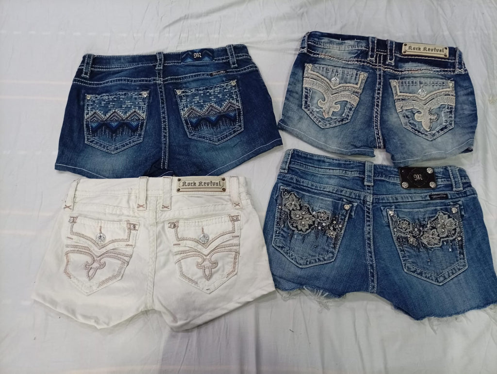 CR10490 Upcycled Mix Branded Mini Denim Shorts
