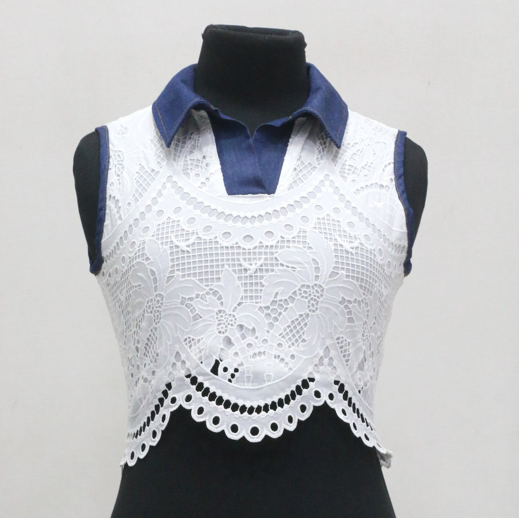 CR2149 UPCYCLED LACE & DENIM COLLAR CROP TOP