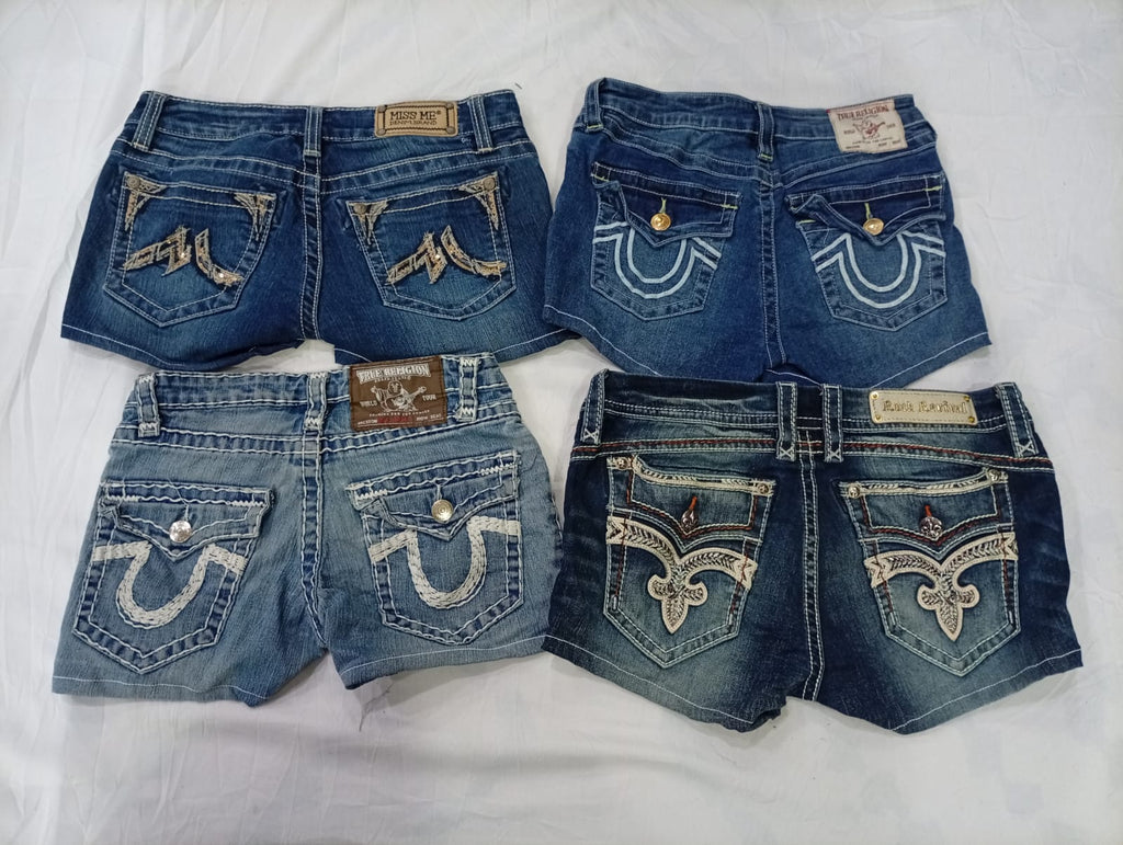CR9617 Upcycled Mix Branded Mini Denim Shorts