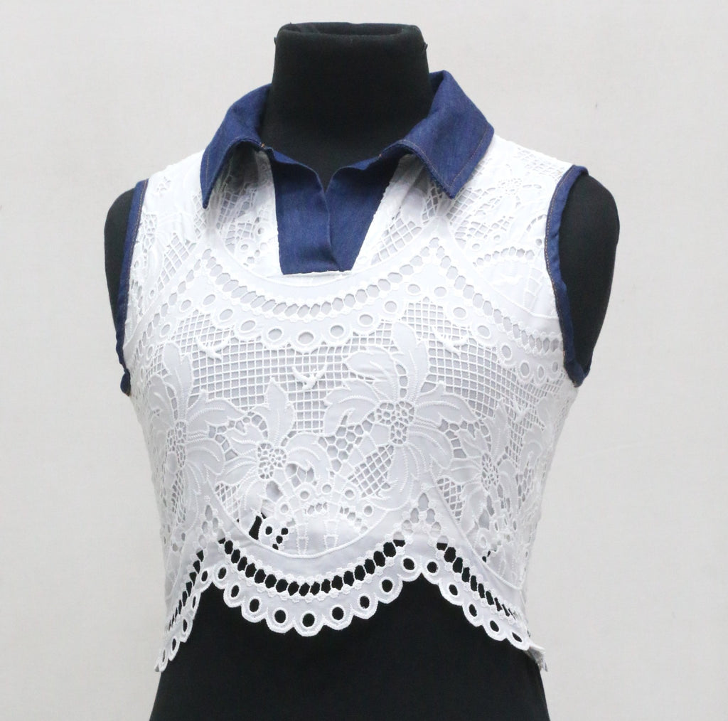 CR2149 UPCYCLED LACE & DENIM COLLAR CROP TOP