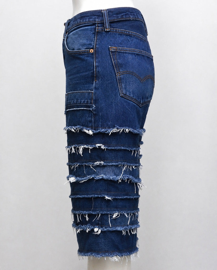 CR2028 UPCYCLED FRAYED PANEL DENIM JORTS