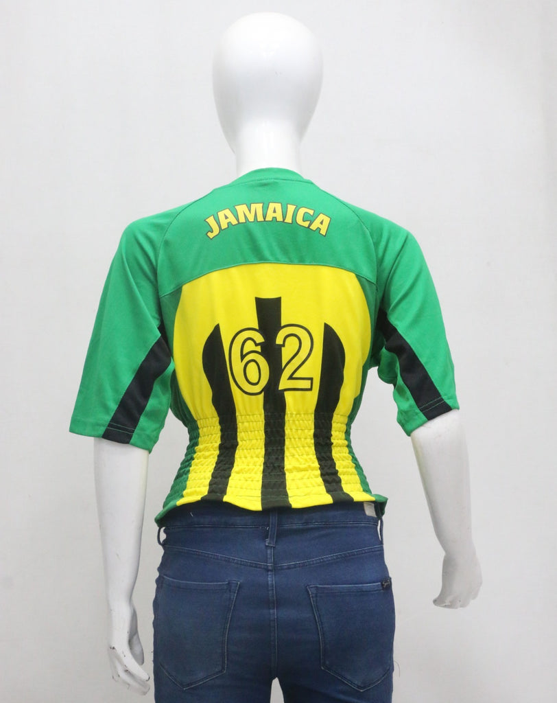 CR2153 UPCYCLED JAMAICA FOOTBALL SHIRRED JERSEY TOP