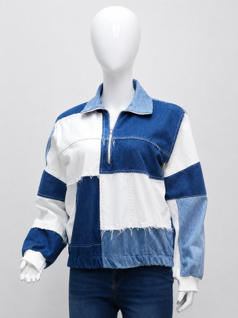 CR2154 UPCYCLED PATCHWORK DENIM HALF-ZIP JACKET