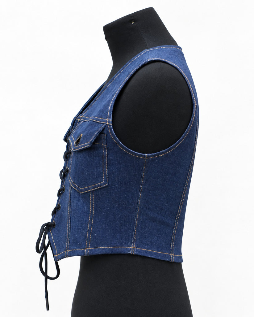 CR2169 UPCYCLED LACE-UP DENIM CORSET VEST