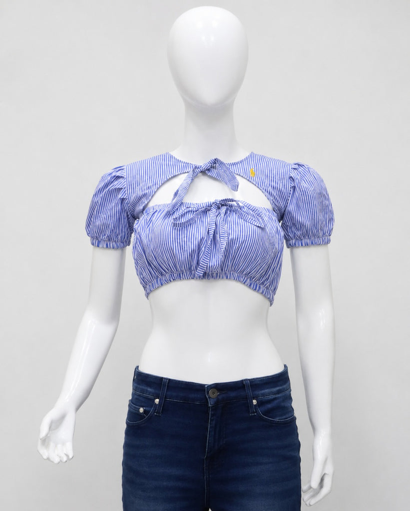 CR1908 UPCYCLED PUFF-SLEEVE TIE-FRONT CROP TOP