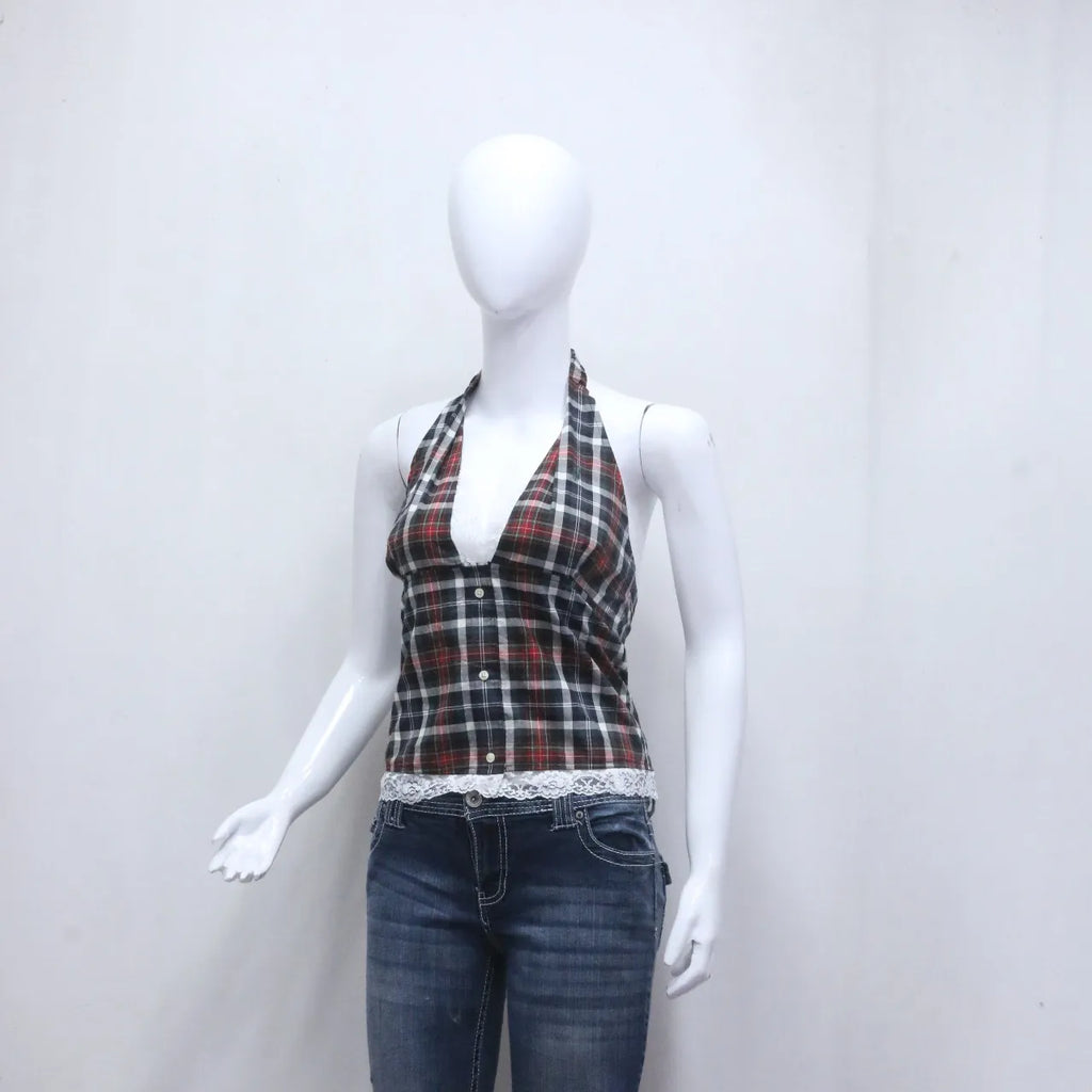 CR736 Upcycled Flannel Halter Top