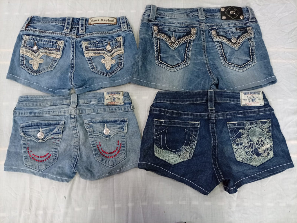 CR10590 Upcycled Mix Branded Mini Denim Shorts