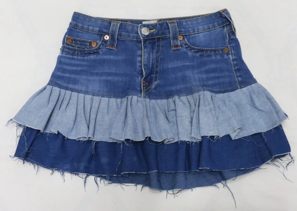CR1675 UPCYCLED LAYERED RUFFLE DENIM MINI SKIRT