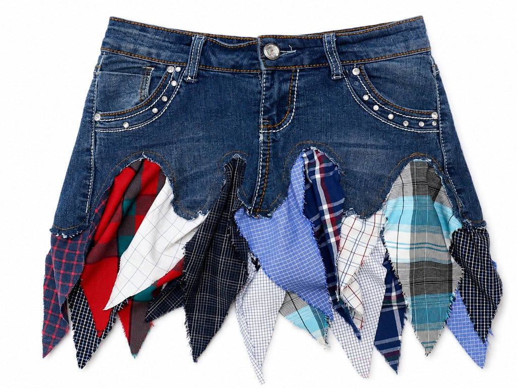 CR1993 UPCYCLED PLAID PANEL DENIM MINI SKIRT