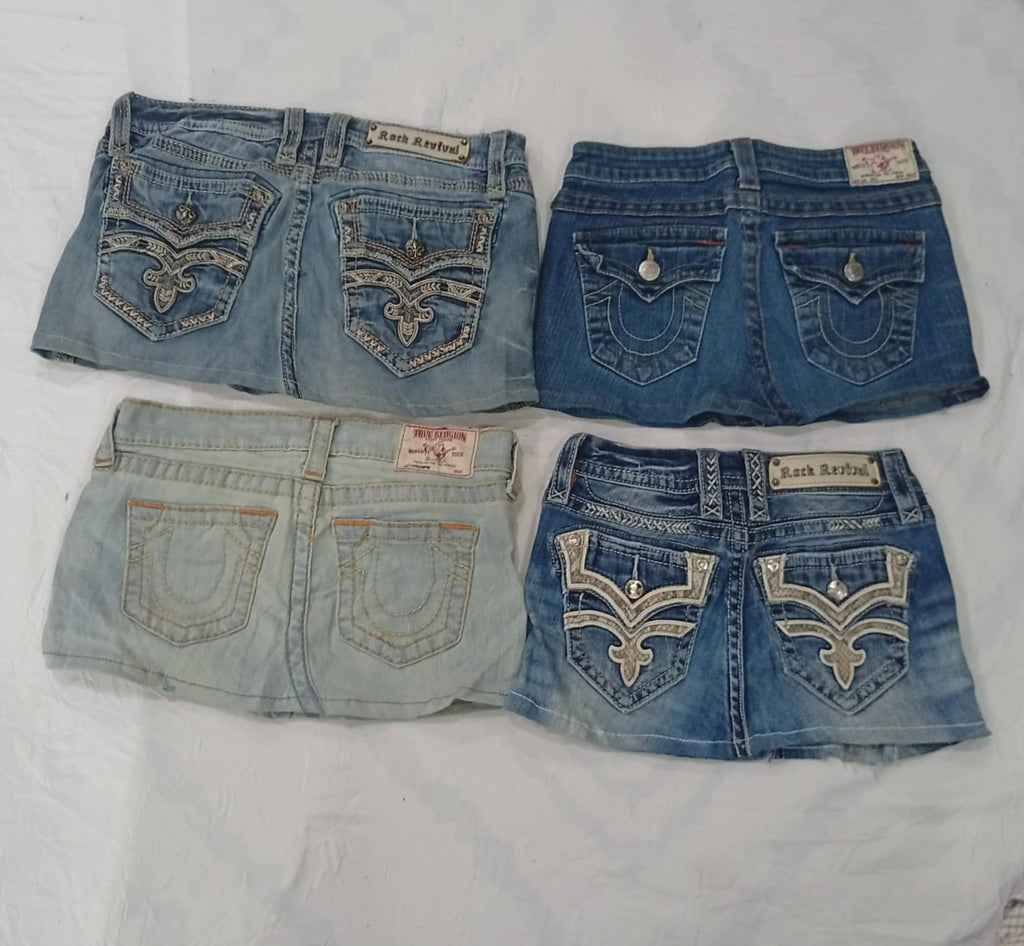 CR9380 Upcycled True Religion & Rock Revival Mini Denim Skirts