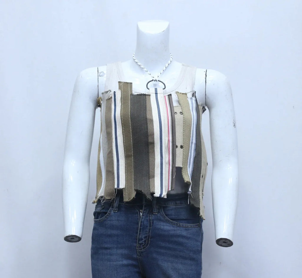 CR608 Upcycled Urban Belted Patch Crop Top
