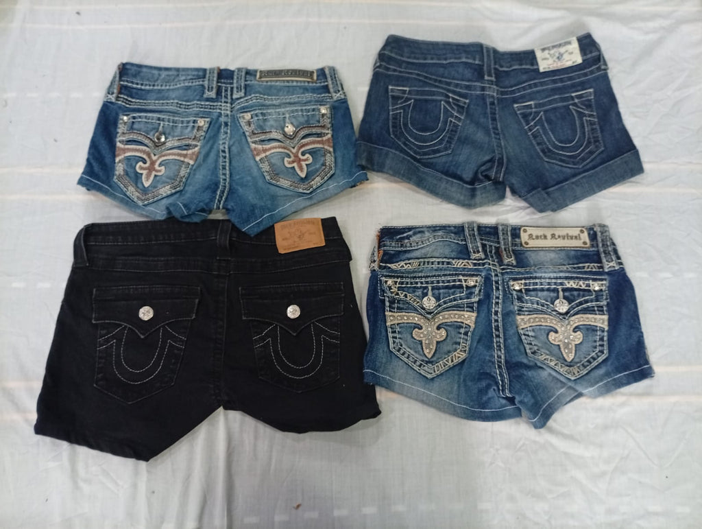 CR10591 Upcycled True Religion and Rock Revival Mini Denim Shorts