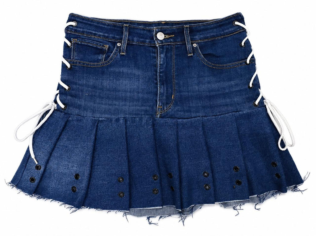 CR1861 UPCYCLED LACE-UP DENIM PLEATED MINI SKIRT