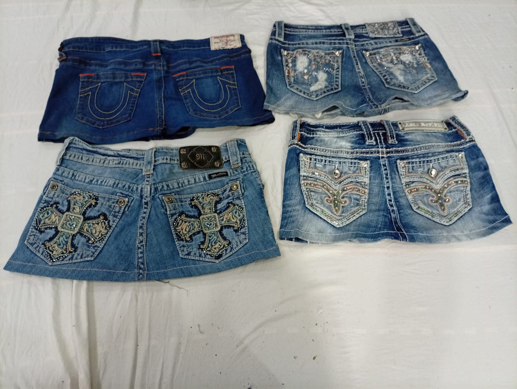 CR10891 Upcycled Mix-Branded Mini Denim Skirts