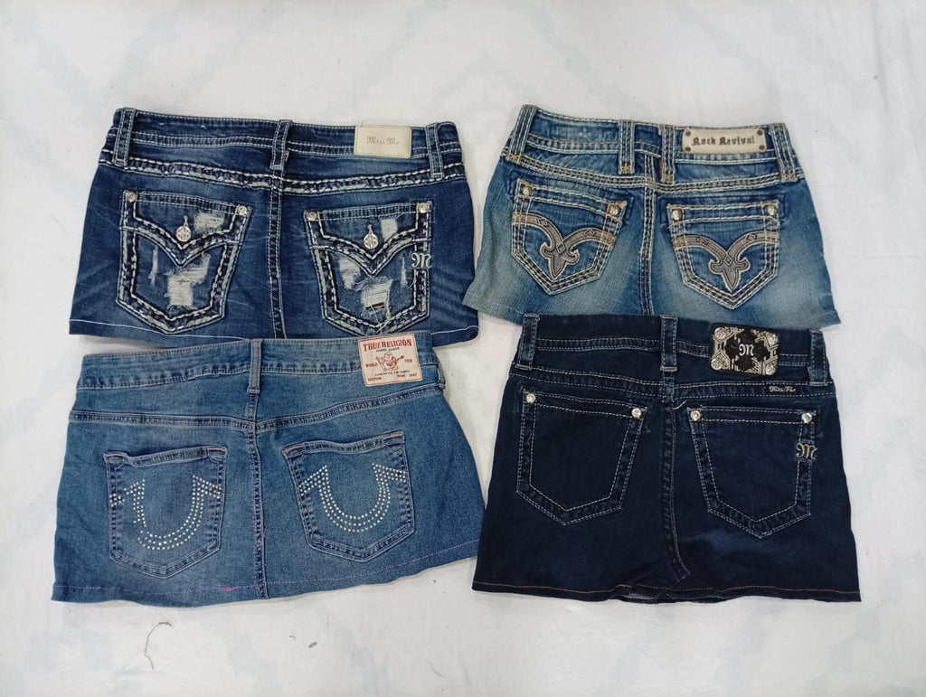CR9996 Upcycled Mix Branded Mini Denim Skirts
